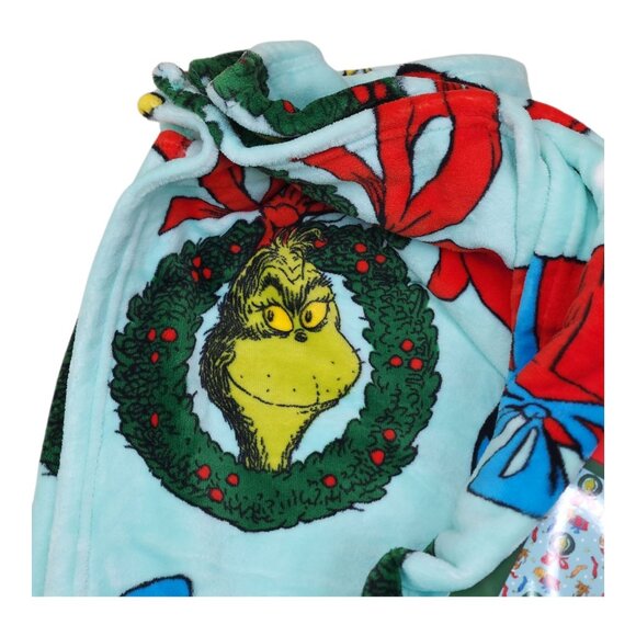 Dr Seuss The Grinch Plush Throw Blanket 50" x 60" Green Holiday Christmas - Picture 3 of 11